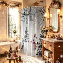 1pc Christmas Print Shower Curtain, Abstract Vintage Polyester Fabric Shower Curtain With 12 Hooks, Suitable For Bathroom Or Bathtub Decor - Multicolor - View 2