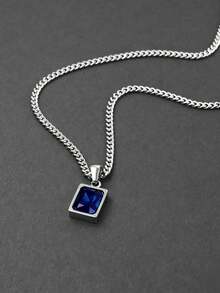 Retro Rectangle Blue Crystal Pendant Necklace, Inlaid Deep Blue Rhinestone Charm With Curb Chain,For Daily Outfits, Dating & Anniversary Holiday Gifts - Blue - View 4