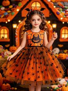 Girls' Halloween Pumpkin Print Tulle Dress, Party Costume For Holiday, Gathering, Runway, Performance - Orange - View 1