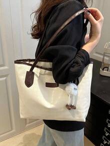 Large Capacity Women's Fashion Multifunctional Shoulder Bag, New Canvas Tote Bag, Suitable For School, Commute And Shopping (No Pendant) - Coffee - View 4