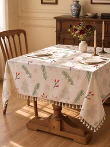 MEMNUN 1PC Christmas Minimalist Branch Berry Christmas Tree Star Print Pattern Tablecloth, Tassel Edge Design, Minimalist Small Tree Dining Tablecloth, Square Round Tablecloth, 140*220cm/140*180cm/140*140cm/90*140cm, Made Of Printed Polyester Blend Material, Christmas Decor Table Decor, Home Decor, Kitchen Decor, Table Cloth Rectangle, Table Cloth Square, Home Decor Suitable For Picnic, Camping, Party, Restaurant Buffet, Home Decoration, Dining Table Surface Decoration, Home DIY, Etc., Christmas Gift - Multicolor - View 4