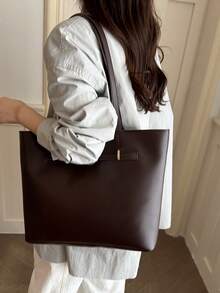 Casual Handheld Underarm Tote Bag, Solid Color, Cross-Border 2026, Large Capacity PU, Women's Fashion Minimalist Shoulder Bag - Coffee - View 3