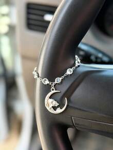 1pc Silver Moon Skull Pendant Crystal Chain Car Steering Wheel Hanging Decoration, Car Interior Decor Accessory, Halloween Car Ornament - A - View 5