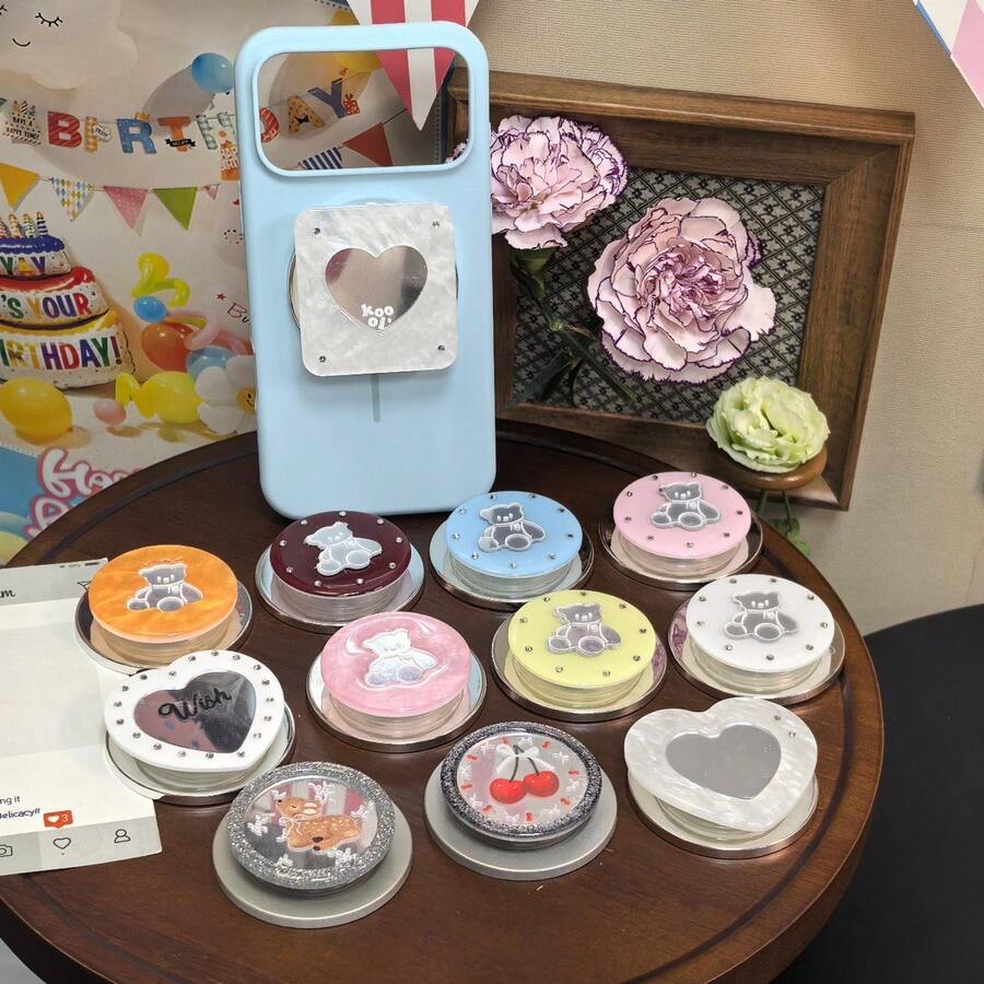 Cute Bear Round Phone Stand, Soft Airbag Holder With Heart Mirror, Multi Color - Multicolor - View 1