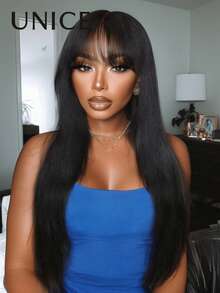 Machine Made Yaki Glueless Wispy Bangs Natural Black Wig Parting Flexibility Fit All Head Sizes 100% Human Hair Dye-Friendly Beginner Friendly Face-Framing Styling Versatility Unice Wig - SNatural - View 2