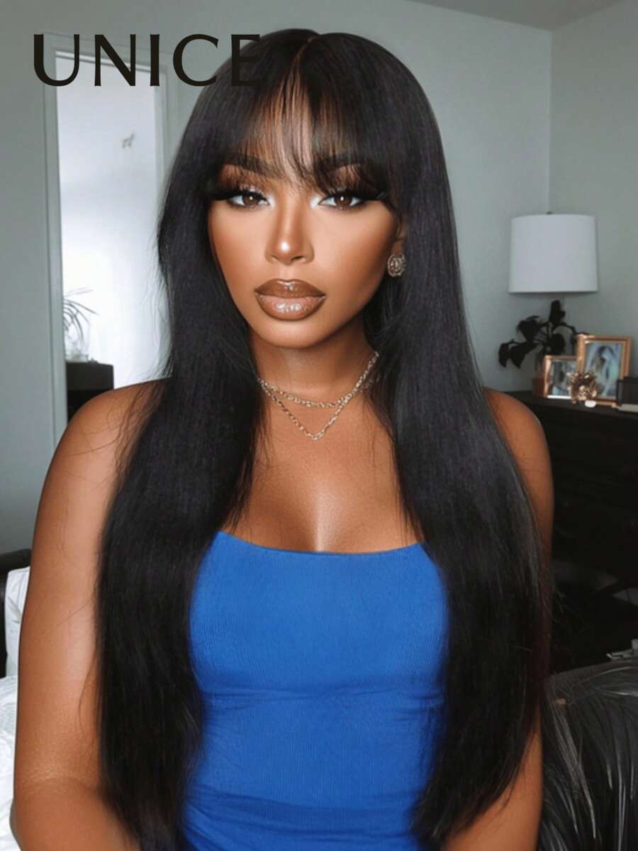 Machine Made Yaki Glueless Wispy Bangs Natural Black Wig Parting Flexibility Fit All Head Sizes 100% Human Hair Dye-Friendly Beginner Friendly Face-Framing Styling Versatility Unice Wig