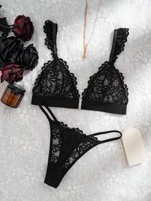 Women's Front Closure Deep V Neck Lace Bra Set Black Thin Cup Design Wireless Sexy Bra And Thong - Black - View 8
