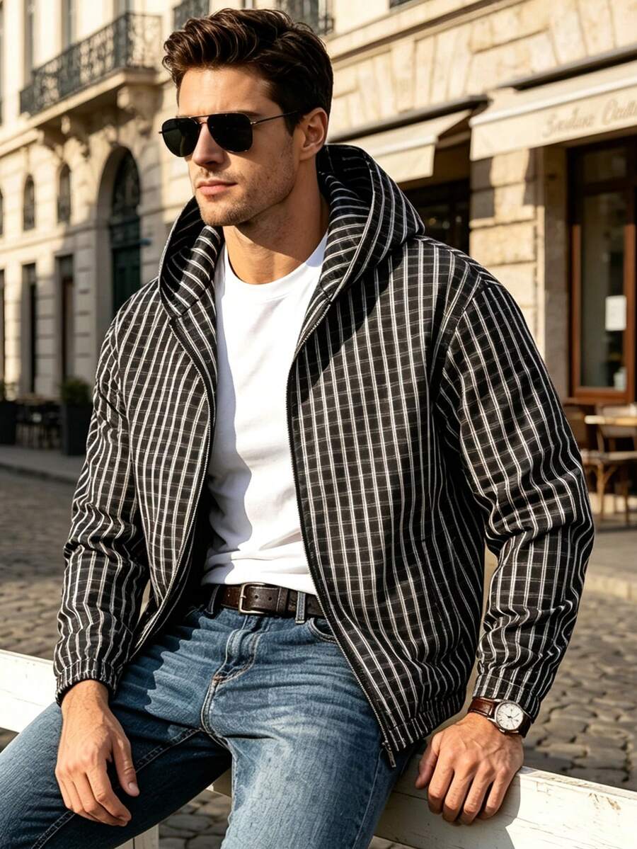Men's Vintage Checkerboard Hooded Business Old Money Style Casual Jacket - Black - View 1