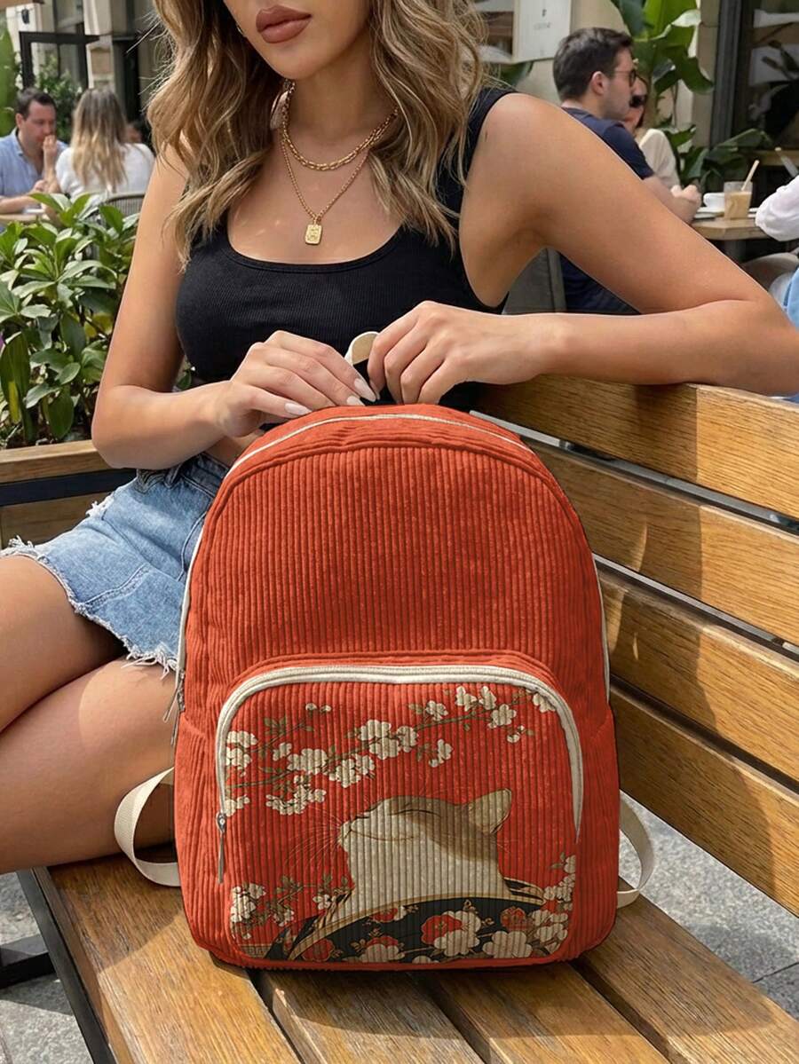 1PC Women's Mini Backpack, Corduroy Girls School Bag, Travel Storage Bag, Kitten Print Design, Large‑Capacity Foldable Easy‑To‑Store Bag, Lightweight & Pressure‑Relieving, Multi‑Pocket Layered Design With Zipper Closure - Flower Cat 3333565 - View 1