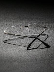 1 Pair Men's Rimless Rhinestone Metal Polygon Plain Lens Glasses, Cool Elegant Low-Key Intelligent Fashionable Men's Eyewear, Suitable For Meetings, Business Travel, High-End Banquets - Clear - View 6