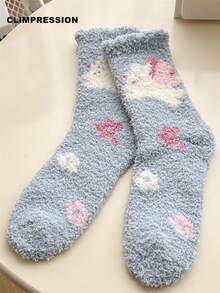 CLIMPRESSION Women's Plush Socks, Colorful Butterfly Print Coral Fleece Socks, Soft Fluffy Mid-Calf Slipper Socks, Comfortable Warm Winter Socks - Green - View 3