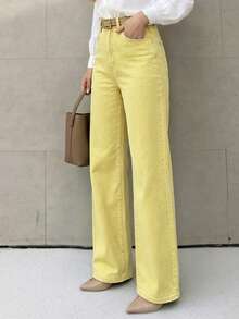 Yellow Washed Mid-To-High Waist Wide Leg Jeans For Women, Classic 5-Pocket Loose Drape Fresh Colorful Casual Denim Long Pants - Yellow - View 5