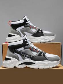 Men's Colorblock Patchwork Letter Pattern High Platform High-Top Sneakers, Outdoor Daily Front Lace-Up All-Season Casual Running Shoes For Commuting - White Ash - View 4