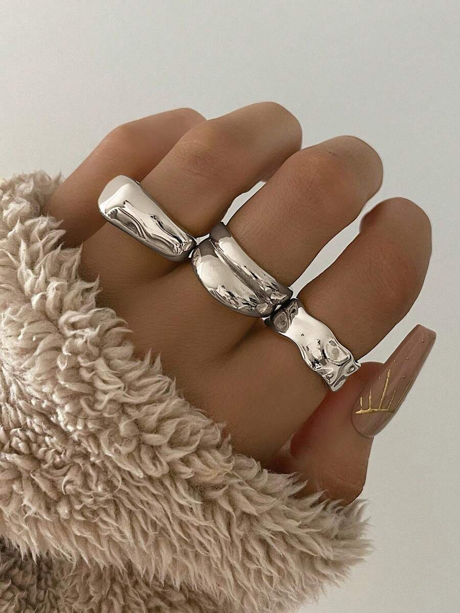 3PCS Ins Style Asymmetrical Multi-Layer Wrapped Gold Rings Fashion Versatile Finger Ring Set For Women - Silver - View 1