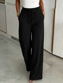 Women's Summer/Autumn Basic Solid Color Drawstring Linen-Style Wide Leg Pants, Loose Casual Long Pants, Suitable For Back To School, Beach Vacation And Daily Wear - Black - View 6