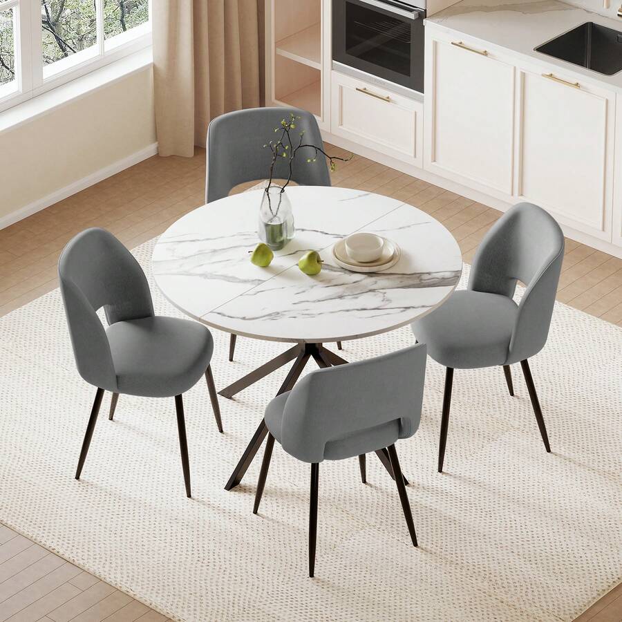 Folding Dining Table And Chairs Set Of 4, Easy Clean Round Dining Table With Padded Chairs Durable Dining Furniture Set Suitable For Dining Room And Kitchen - White Table + Grey Chair - View 1