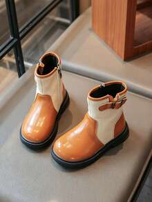 1 Pair Fashion Color Block Kids' Ankle Boots, Kids' Casual Flat Shoes, Suitable For Party And Daily Wear - Yellow - View 2