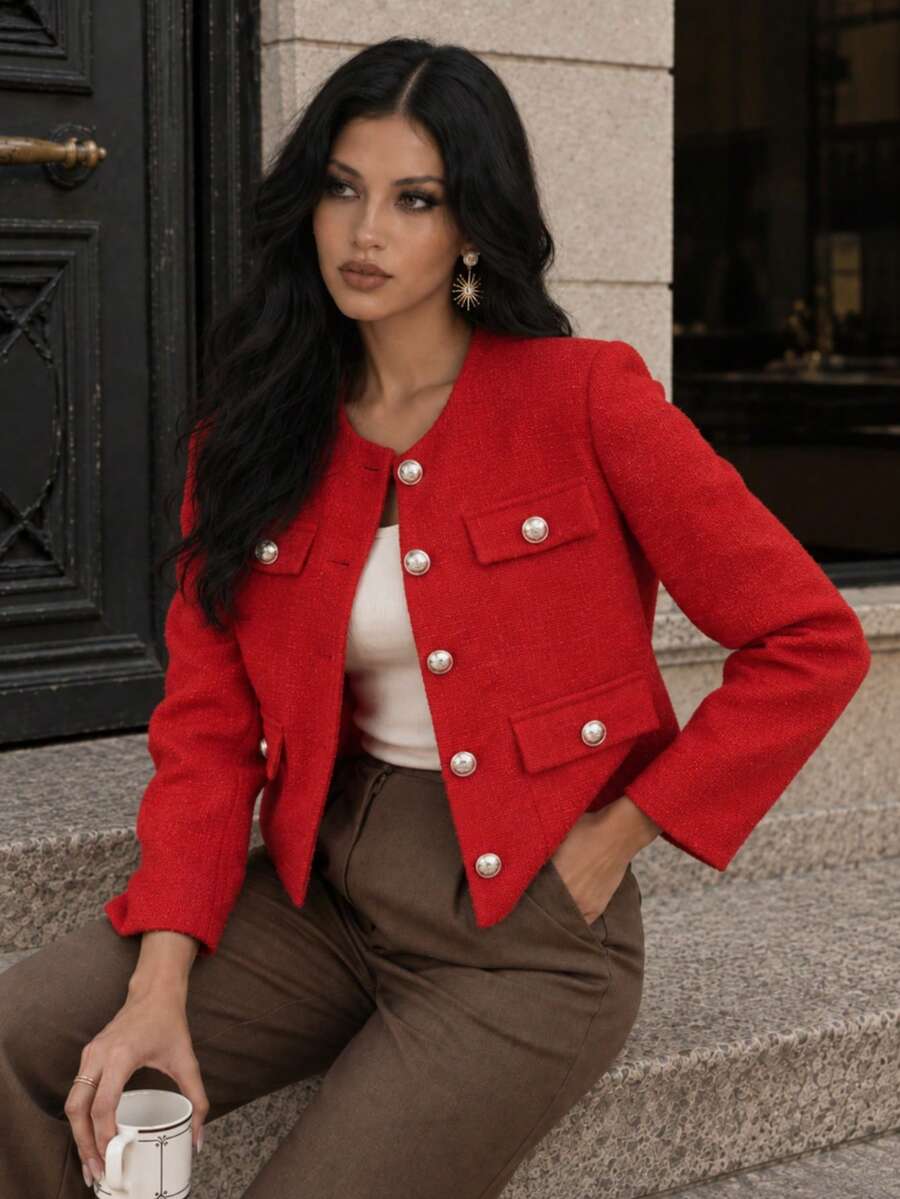 TRAFZA Women's Elegant Casual Tweed Jacket, Spring Round Neck Decorative Long Sleeve Solid Color Coat
