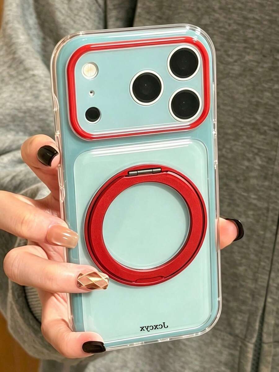 Fashion Colorblock Raised Air Cushion Phone Case, Compatible With IPhone 18 Pro Max 18 Pro 17 Pro Max 16 Pro Max 15 Pro Max 14 13 Pro Max 17, Glossy Camera Protection Soft Back Cover, With Magnetic 360° Rotating Kickstand - Blue Border - View 1