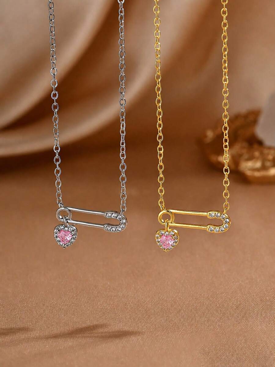 1pc Exquisite Cute Heart-Shaped Brooch Pendant, Sparkling Rhinestone Zirconia Heart Necklace - Heart Necklace - View 1