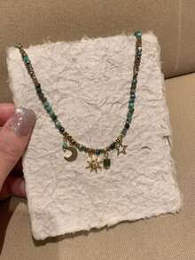 2pcs Fashion Vintage Bohemian Sunburst Green Beaded Sweater Chain Necklace, Suitable For Women's Daily Wear And Gift - Multicolor - View 4