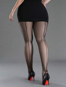 1 Pair Of Black Sequined Thigh-High Ultra-Thin Invisible Stockings With Vertical Stripes At The Cuffs, Suitable For Both Work And Date Occasions. - Black - View 7