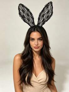 1pc Lace Rabbit Ear Headband, Sexy Hollow Lace Mesh Headpiece, Atmospheric Party Photography Mask Hair Accessory, Black & White Vintage Influencer Photo Prop - Multicolor - View 10