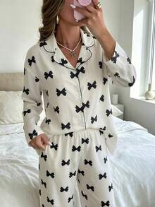 Nina Bonheur 2pcs/Set Women's Loose Comfortable Breathable Bow Print Long Sleeve Top + Pants Cute Pajama Set - Black and White - View 4
