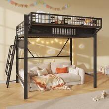 Loft Bed, 140 X 200 Cm, Metal Bed Frame, Storage Compartments, Open Lower Level, Without Mattress, Black - Black + Metal + 140cm*200cm - View 7