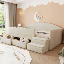 Upholstered Sofa Bed, 90*190 Cm, Multifunctional Bed With Two Drawers And Side Rails, With Steps, Soft Velvet Fabric, No Mattress, Beige - Beige - View 2