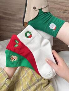 5 Pairs Christmas Embroidered Crew Socks, Cute Cartoon Holiday Design, Comfortable Festive Gift, Perfect For Christmas Season - Multicolor - View 6