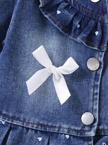 Girls' Cute Ruffle Trim Round Neck 3D Bow Decor Denim Jacket, Small Bow & Heart Print Bell Sleeve Pleated Hem Denim Cardigan - Royal Blue - View 4