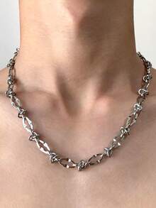 1pc American Style Personalized Thorn Knot Necklace, Men's Hip Hop Street Style Silver Collarbone Necklace Jewelry - steel color - View 3
