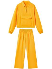 Women's Autumn Solid Color Sporty Casual 2 Pieces Set Top And Straight Leg Pants For Daily Wear, Running, Home, White - Yellow - View 6