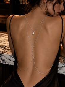 1pc Minimalist Back Drop Necklace, Simple Water Drop Pearl Long Body Accessory, Formal Nightclub Outfit Jewelry, Backless Evening Gown Accessory - Rhinestone - View 3