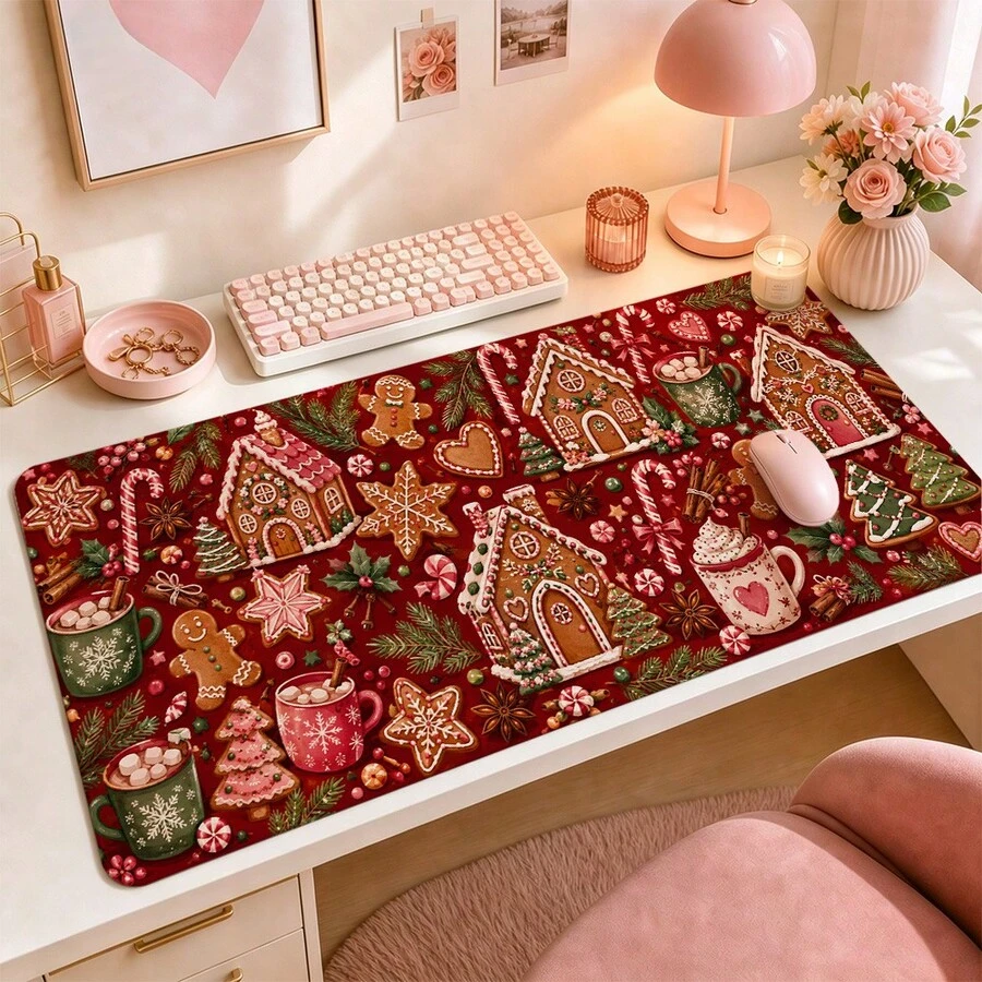 Gingerbread Bakery Large Mouse Pad, Christmas Desk Mat, Extended Keyboard Pad , Polyester Surface With Rubber Base For Gaming, Home Office, Winter Desk Decor And Festive Holiday Gifts 3 Sizes Available - View 1