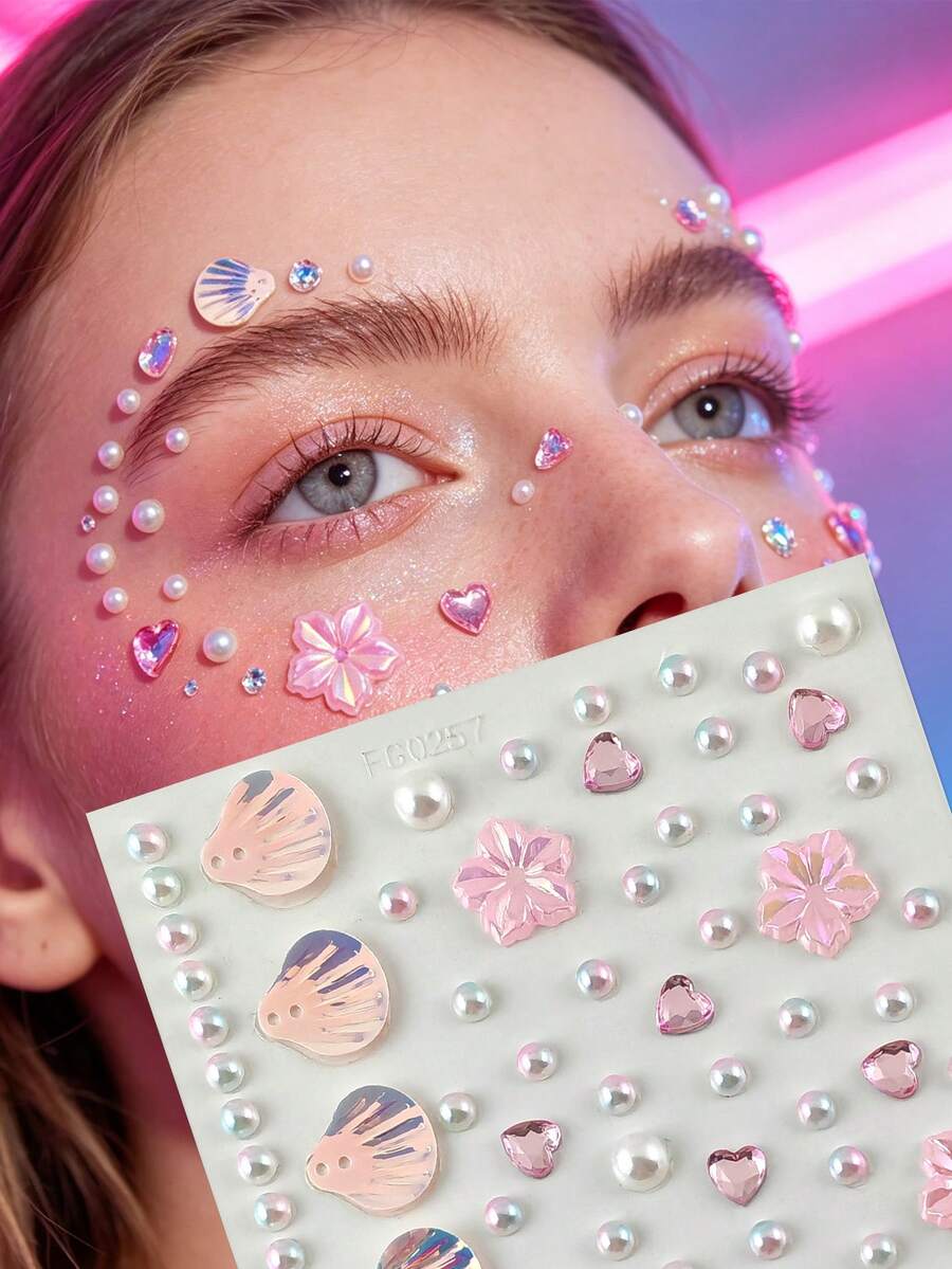 1pc Holographic Iridescent Shell Flower Face Rhinestone Sticker, Pink Heart Rhinestone Pearl Self-Adhesive Face & Body Glitter, Mermaid Makeup Crystal Accessory, Suitable For EDM Festival, Beach Party, Halloween Fairy Costume Makeup