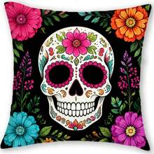 Almohada JHUA Día de Muertos(relleno), Impresión Doble Cara Calavera Floral, Cierre para Sofá Decoraciónéxico Carnaval Halloween, 45cm Cuadradas - Multicolor 002 - Ver 7