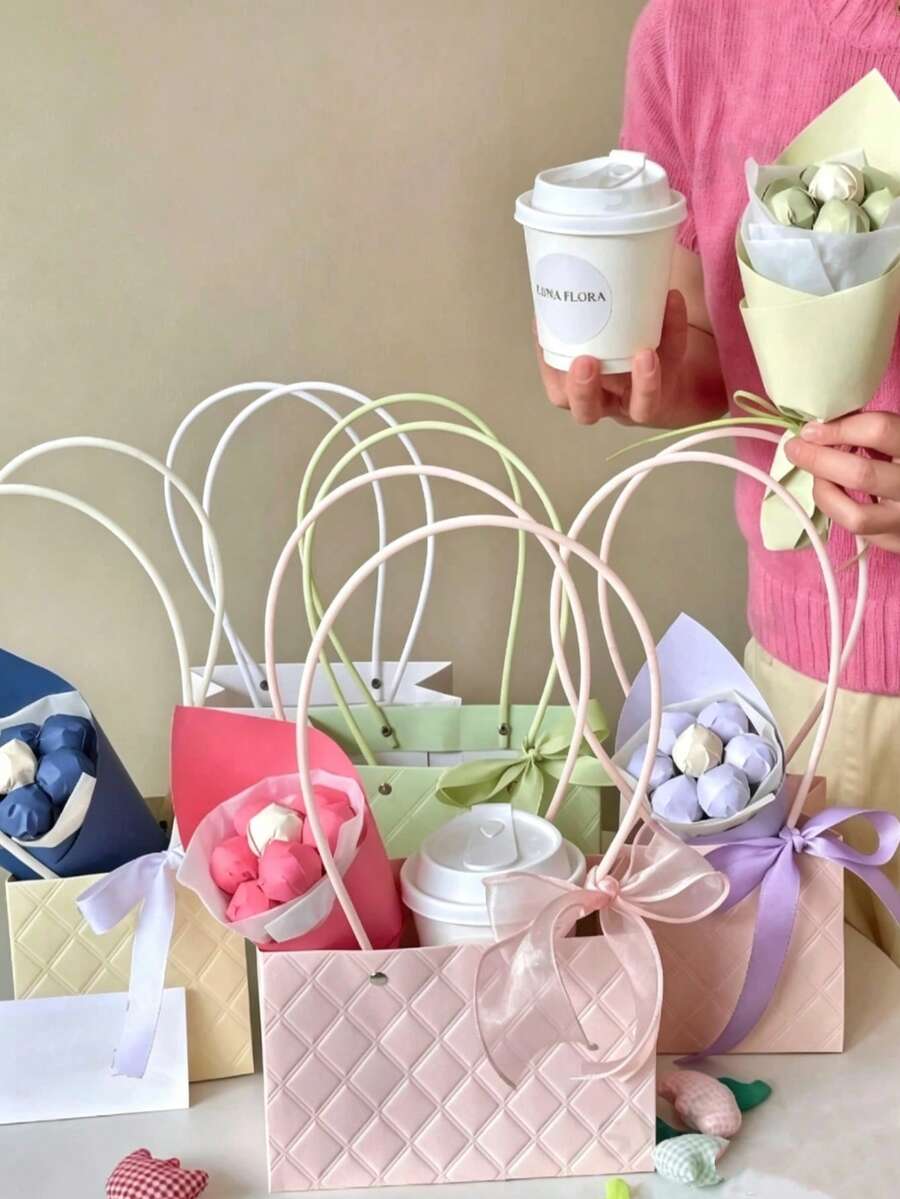 10pcs Embossed Maca Handbag Festival Flower Bag Gift Packaging Bag Fresh Flower Handbag - Tote Bag - View 1