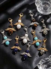 1pc Stainless Steel Vintage Angel Wings Natural Stone Lobster Clasp Pendant, Gemstone Bead Charm, Suitable For DIY Jewelry Making - one-size - View 2