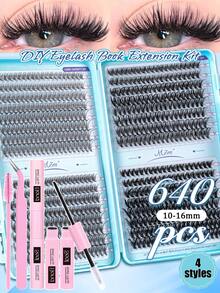 MEM 640pcs Eyelash Extension Kit, DIY Eyelash Extension Tool Set. Includes Individual Lashes, D-Curl Lash Clusters, As Well As Lash Glue, Makeup Remover, Setting Liquid, Fluffy Natural Segmented Large Capacity Faux Cils, Cils, Suitable For Beginners Multi-Style Eye Makeup Set - Black - View 10