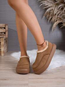 Thick Sole Platform Slip-On Fur Shoes, Casual Warm Women's Loafers For Autumn/Winter - Camel - View 5