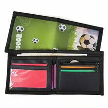 Men's Bifold Wallet, Short Foldable Wallet, Ultra-Thin Pocket Wallet, Multiple Card Slots, Hidden Zipper Design, Black Stain-Resistant Fabric, Football Style Pattern, Youth Wallet, Perfect Gift Choice, - Green - View 2