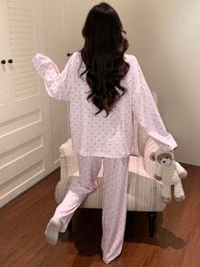 2pcs Women's Pajama Set, Open Front Lapel Polka Dot Print Lace Patchwork Long Sleeve Pants, Comfortable For Home Wear - Pink - View 3