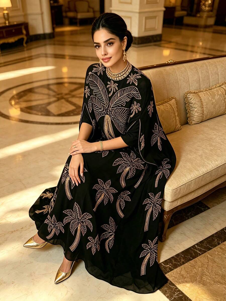 Luxury Sequin Palm Tree Embroidered High Neck Batwing Sleeve Kaftan Women's Long Robe Middle Eastern Style Banquet Dress - Black Gold - View 1