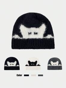 1pc Women's Niche Winter New Versatile Cute Cat Knit Hat, Thick Warm Woolen Beanie - Multicolor - View 6