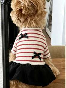 1pc Thickened Striped Short Sleeve Pet Dress For Dogs And Cats, Suitable For Autumn/Winter, Teddy, Pomeranian, Yorkshire Terrier, Bichon Frise - Red and White - View 5