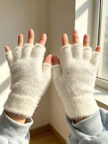 Soft Fuzzy Faux‑Mink Fingerless Gloves For Women, Warm Plush Half‑Finger Winter Gloves, Open‑Tip Design For Typing Writing Phone Operation, Non‑Shedding Cozy Knit Hand Warmers, Multiple Solid Colors, For Home Office Study Daily Cold‑Weather Wear - New Model - View 3