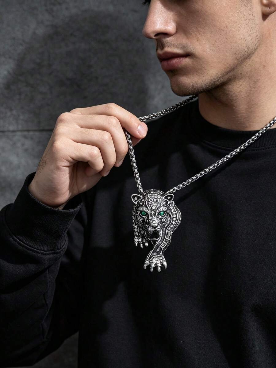 1pc Fashion European & American Vintage Hip Hop Leopard Head Necklace Pendant, Suitable For Men's Daily Streetwear And Party Wear - Antique Silver - View 1