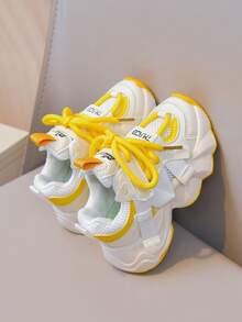 Retro Yellow & White Contrast Thick Sole Sneakers, Breathable Mesh Casual Chunky Sneakers - Black - View 6